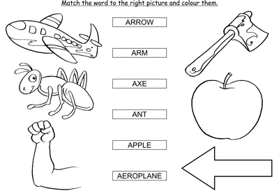 Kids Activity -Match the words Starting with a, colored Picture