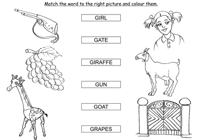 Kids Activity -Match the words Starting with g, colored Picture