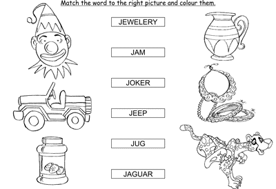Kids Activity -Match the words Starting with j, colored Picture