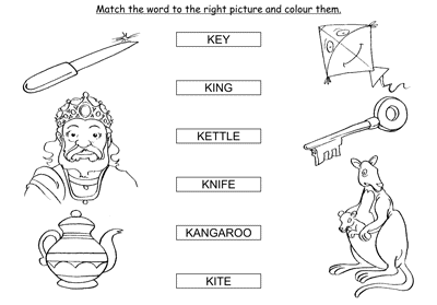 Kids Activity -Match the words Starting with k, colored Picture