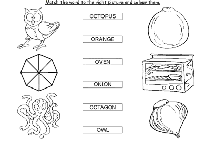 Kids Activity -Match the words Starting with o, colored Picture