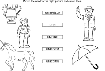 Kids Activity -Match the words Starting with u, colored Picture