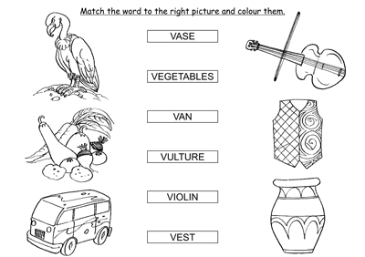 Kids Activity -Match the words Starting with v, colored Picture