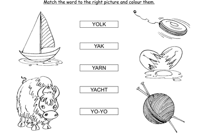 Kids Activity -Match the words Starting with y, colored Picture