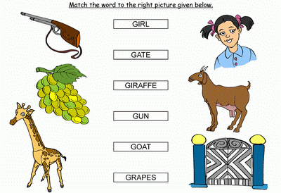 Kids Activity -Match the words Starting with g, colored Picture