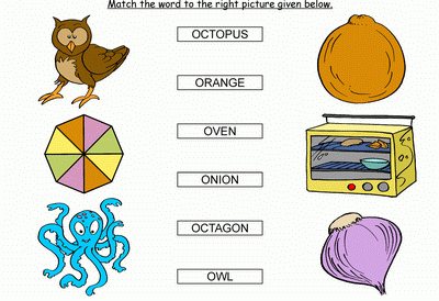 Kids Activity -Match the words Starting with o, colored Picture