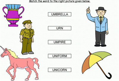 Kids Activity -Match the words Starting with u, colored Picture