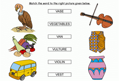 Kids Activity -Match the words Starting with v, colored Picture