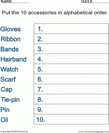 Accessories Alphabetical Worksheet Sheet