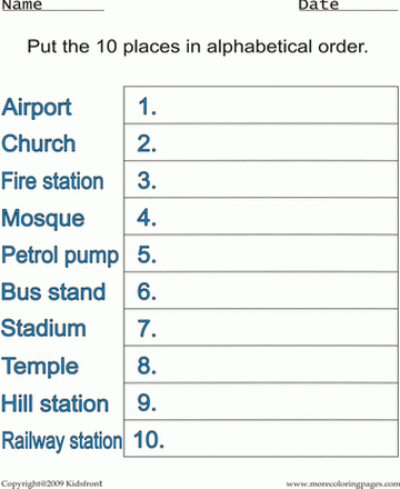 Places Alphabetical Worksheet Sheet