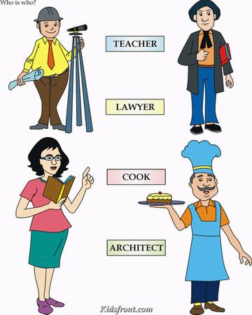 Kids Activity -Match the pictures fo teacher, lawyer, cook, architect., Black & white Picture