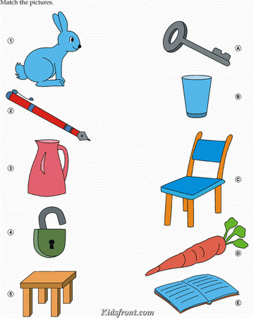 Kids Activity -Match the pictures, lock & Key, Book & Pan, Jug & Glass, Table & Chair, Rabbit & Carrot., Black & white Picture