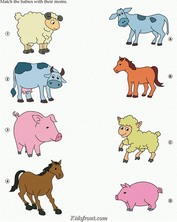 Kids Activity -Match Animals(Sheep, cow, pig, horse) with their kids., Black & white Picture