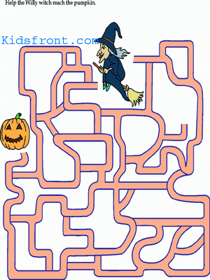 Printable Maze 12 for Kids - Help the Willy witch reach the pumpkin., colored Picture