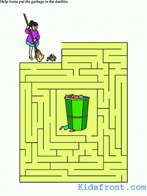 Printable Maze 5 for Kids - Help Sonia put the garbage in the dustwin. , colored Picture